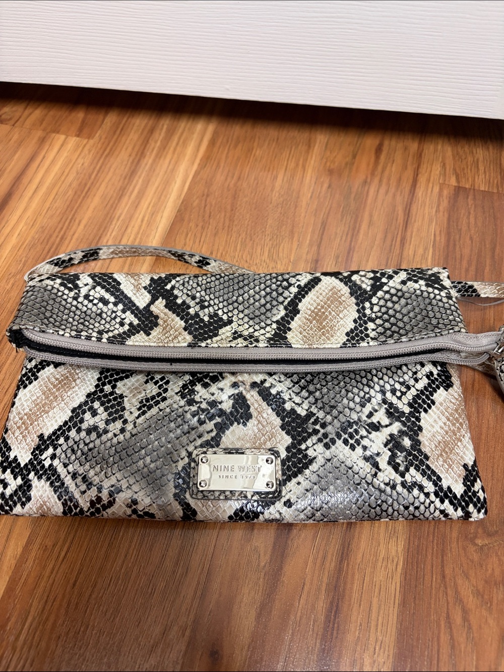 Nine West Snake-Print Foldover Wristlet in Gray and Tan